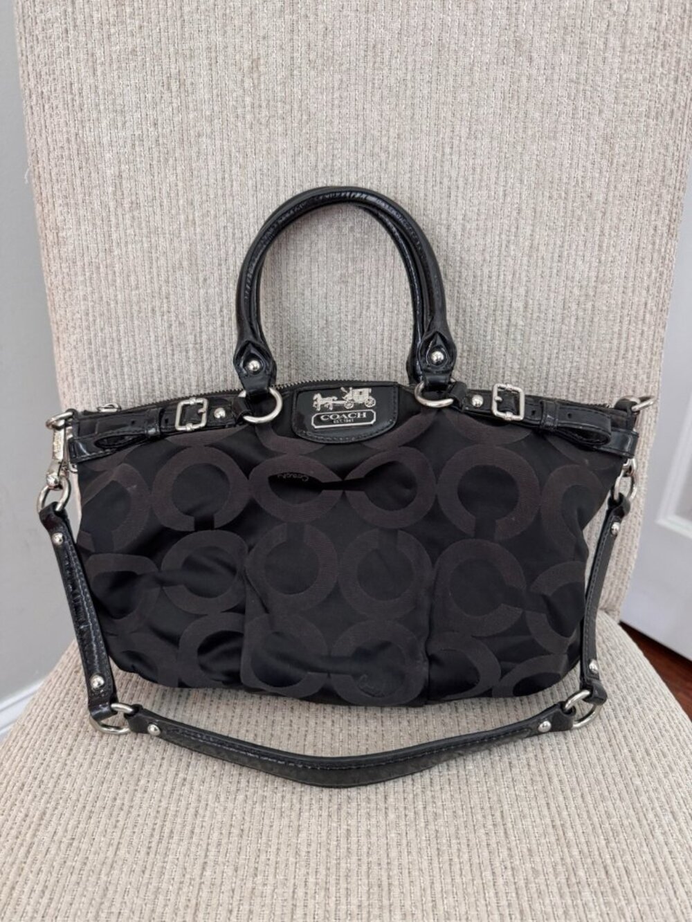 Coach Y2K Madison Sophia Satchel 18650 Black Op Art Sateen Patent Leather Bag